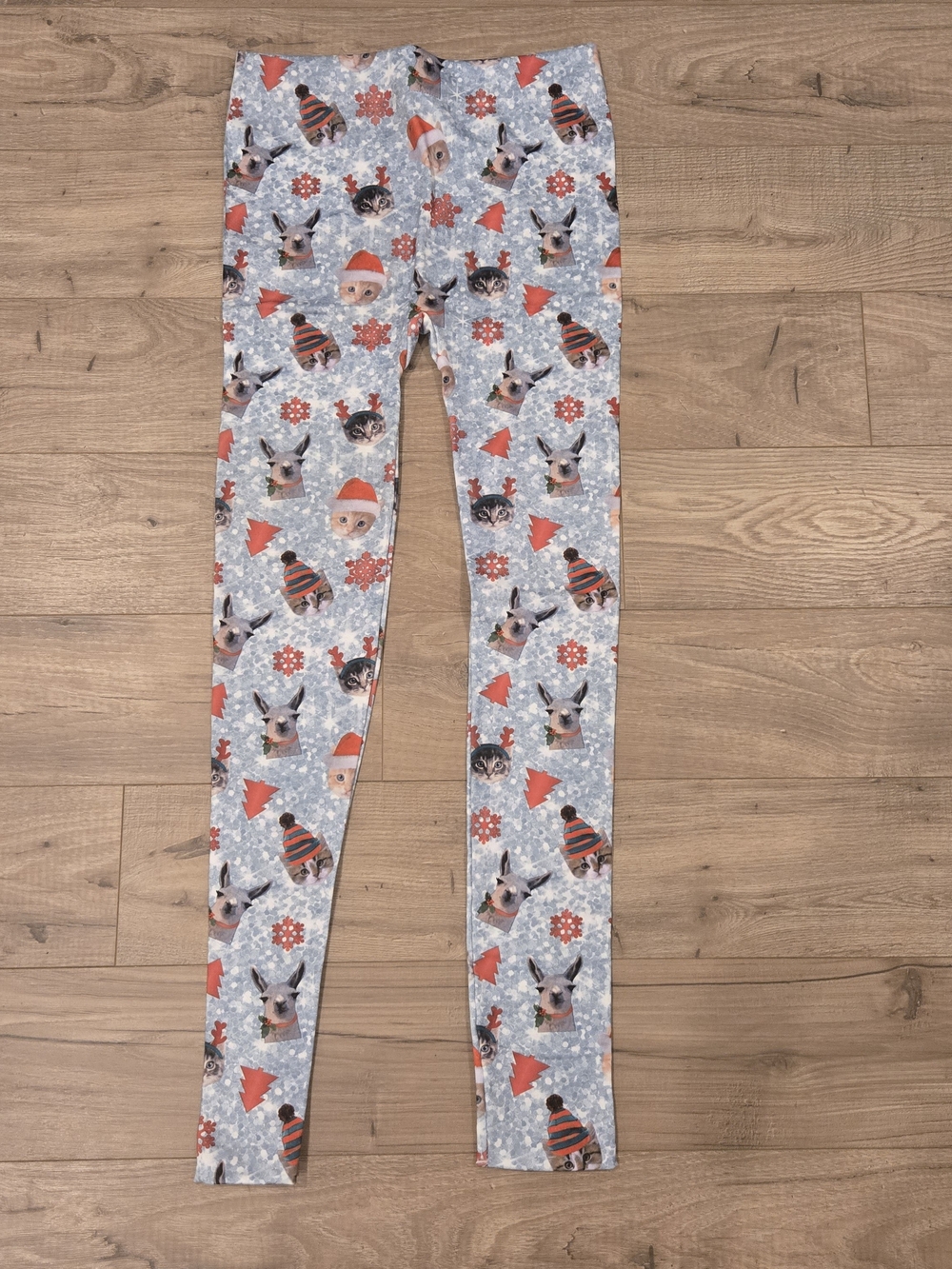 Festive Reindeer & Snowflake Print Leggings - Light Blue & Red